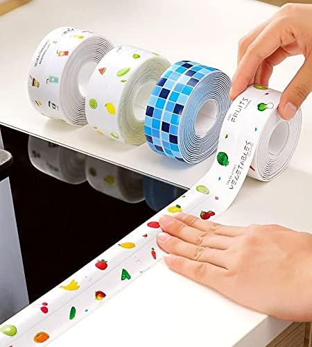 Waterproof Tape for Kitchen Sink Oil Proof Caulk Tape Strip Self Adhesive Bathroom Corner 3.2m*3.8cm (Multi Print)