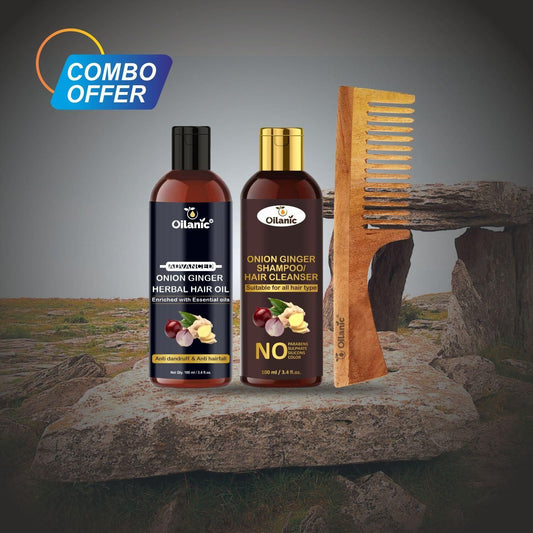 Oilanic Herbal Hair Oil, Onion Ginger Shampoo each of (100 ml) & Wooden Neem Ecofriendly Comb Combo